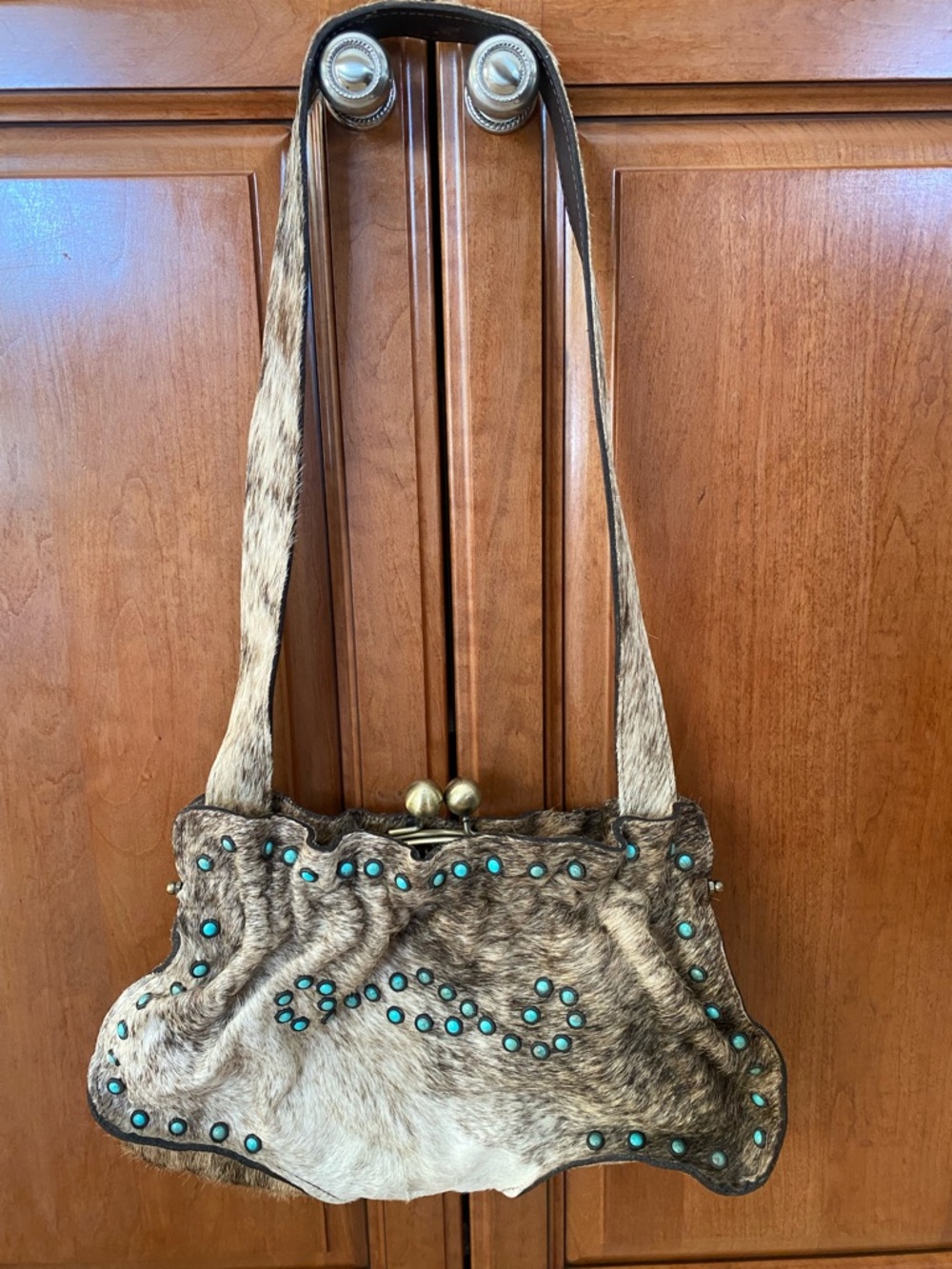 Arohoe Cowhide Leather Shoulder Bag with Turquoise Stud Accents